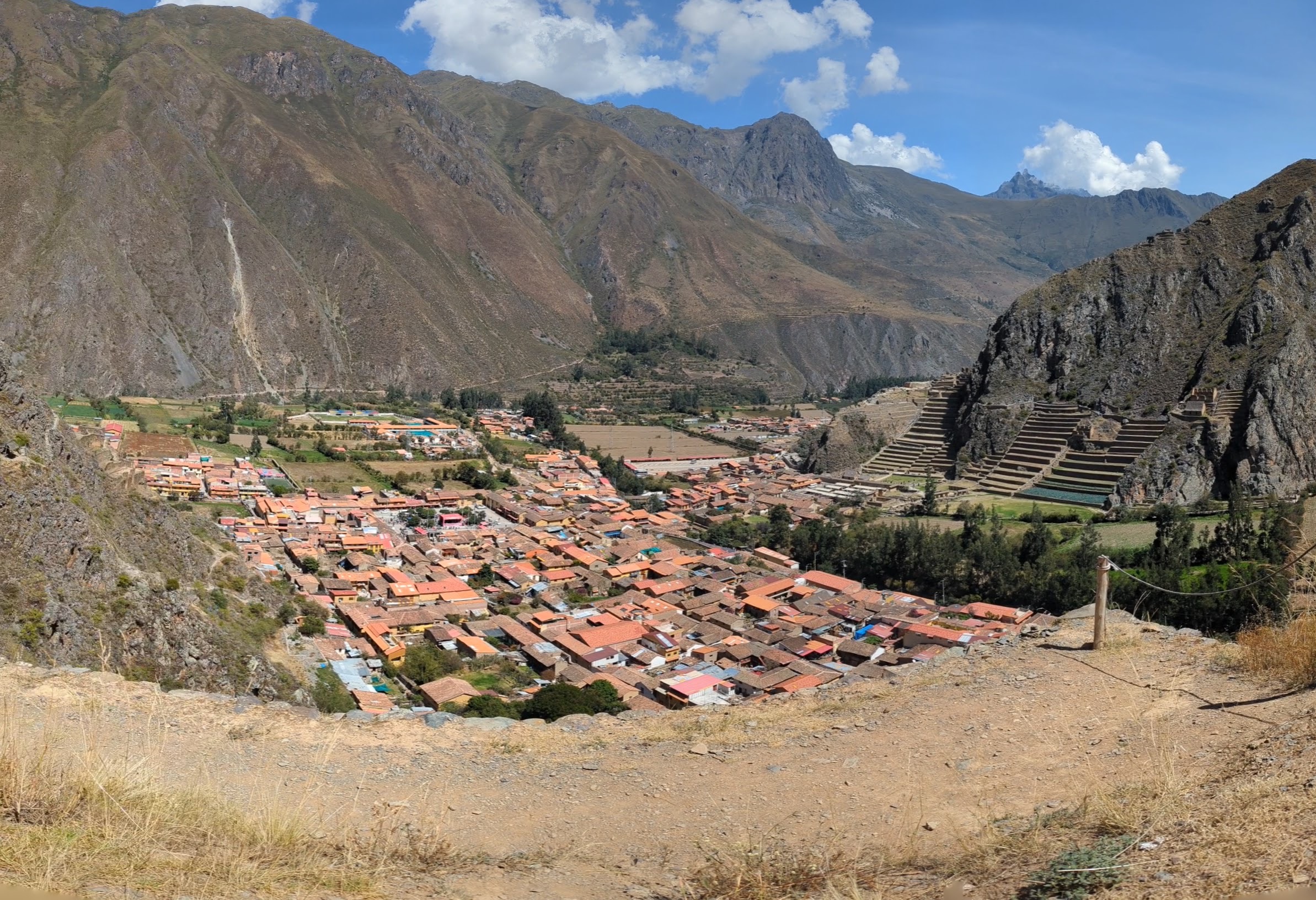 View of Ollantaytambo, Peru from the surrounding mountains.